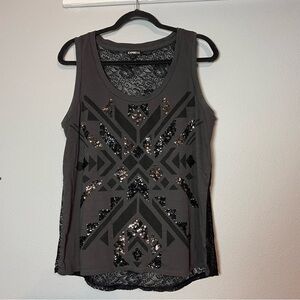 Express Sequin Tank Top Gray Tribal Aztec Design Lace Back Size Large